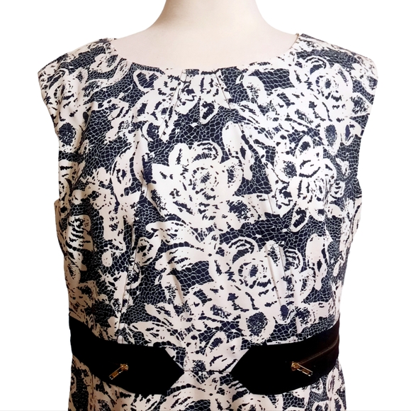 EMMA & MICHELE Sleeveless Zipper Trim Floral Print Shift Dress Sz 16 Blk/Wht - Picture 2 of 8